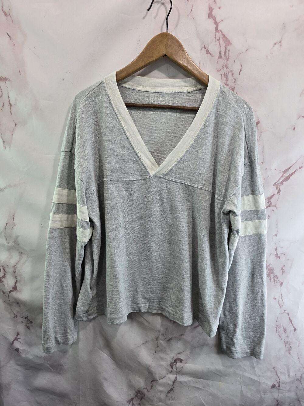 Faherty Shirt Womens Large Gray T Tee Long Organic Cotton Varsity Slub Stripe